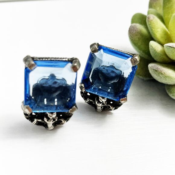 Vintage Blue Glass Princess Cut Stone with Silver Detail Clip Earrings - Picture 1 of 8